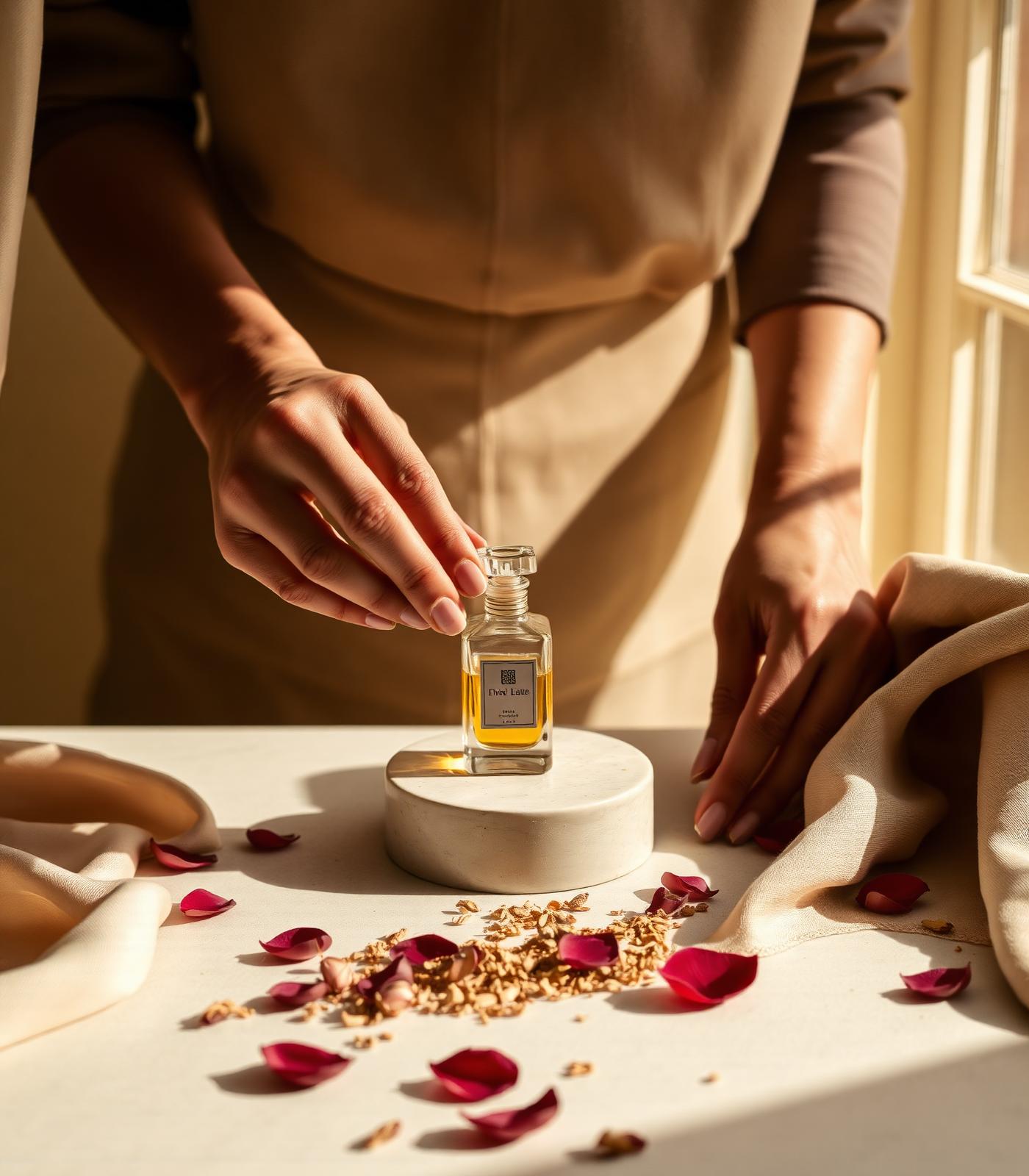 Artisan hands placing a crystal attar bottle onto stone — Mango People World atelier
