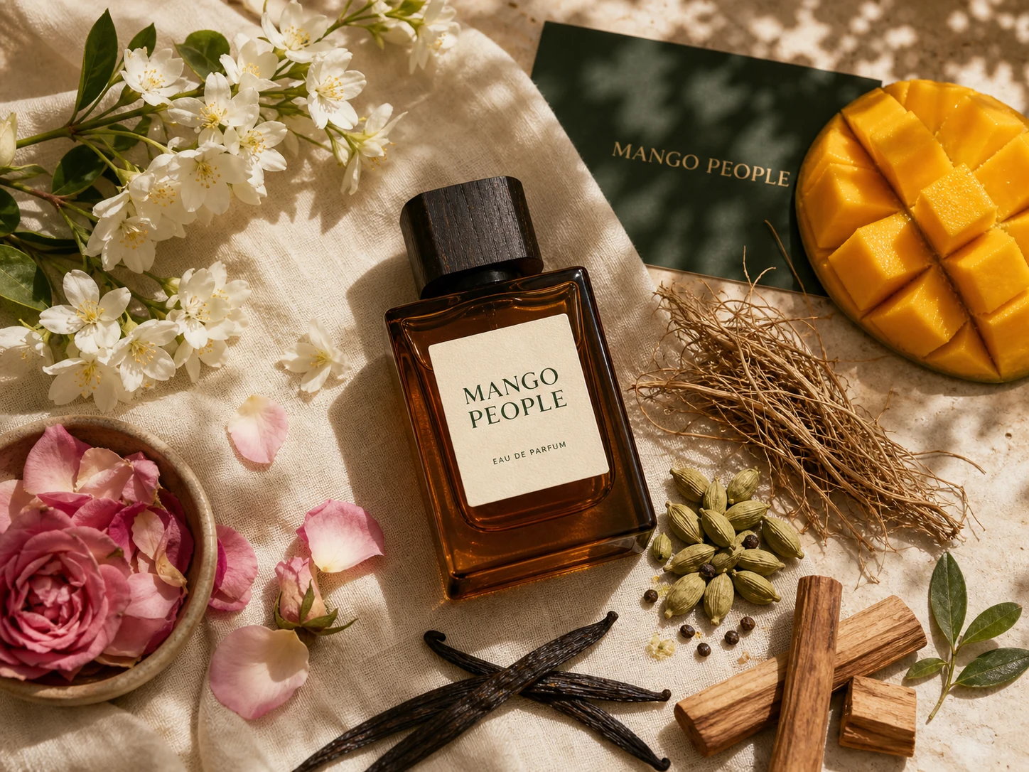 Mango People perfume with jasmine, rose, vetiver, sandalwood and mango ingredients